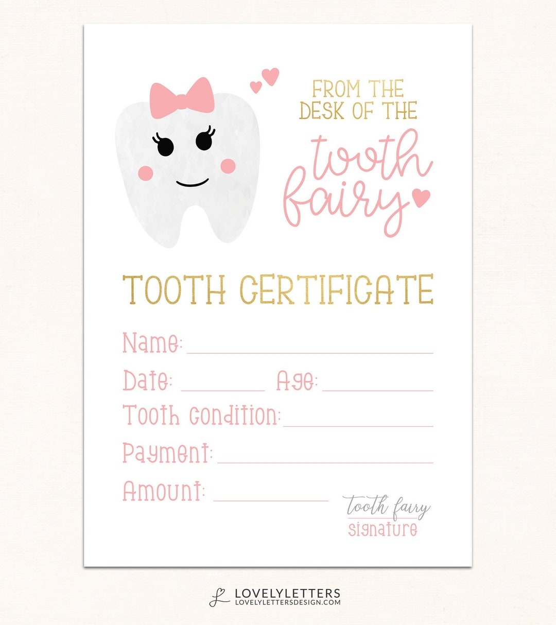 Tooth Fairy Certificate DIGITAL Tooth Fairy Printable Tooth Fairy Receipt Girls Tooth Fairy Print Certificate From Tooth Fairy Etsy UK