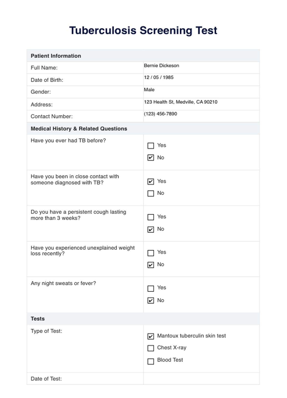 Tuberculosis Screening TB Test U0026 Example Free PDF Download