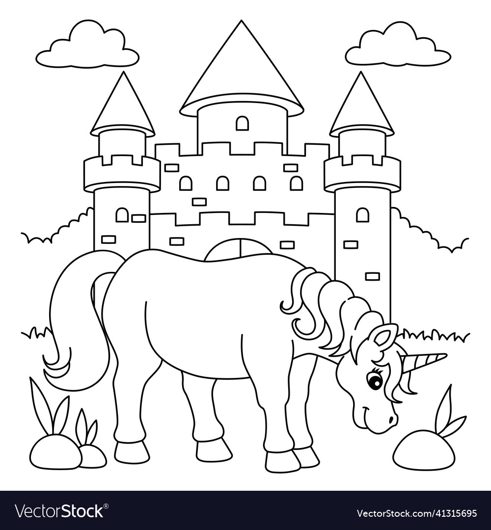 Unicorn Castle Coloring Page For Kids Royalty Free Vector