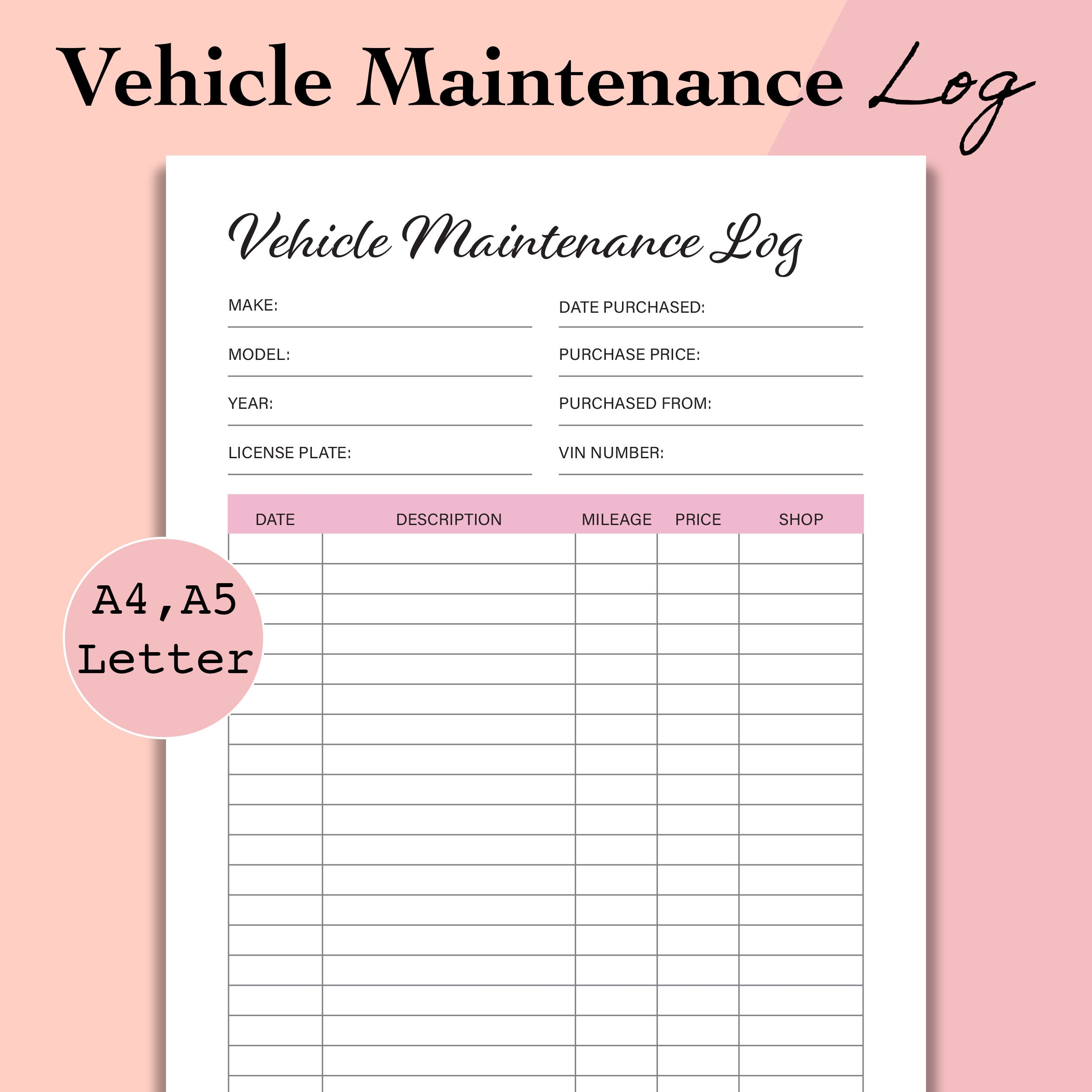 Vehicle Maintenance Log Car Maintenance Log Printable Auto 