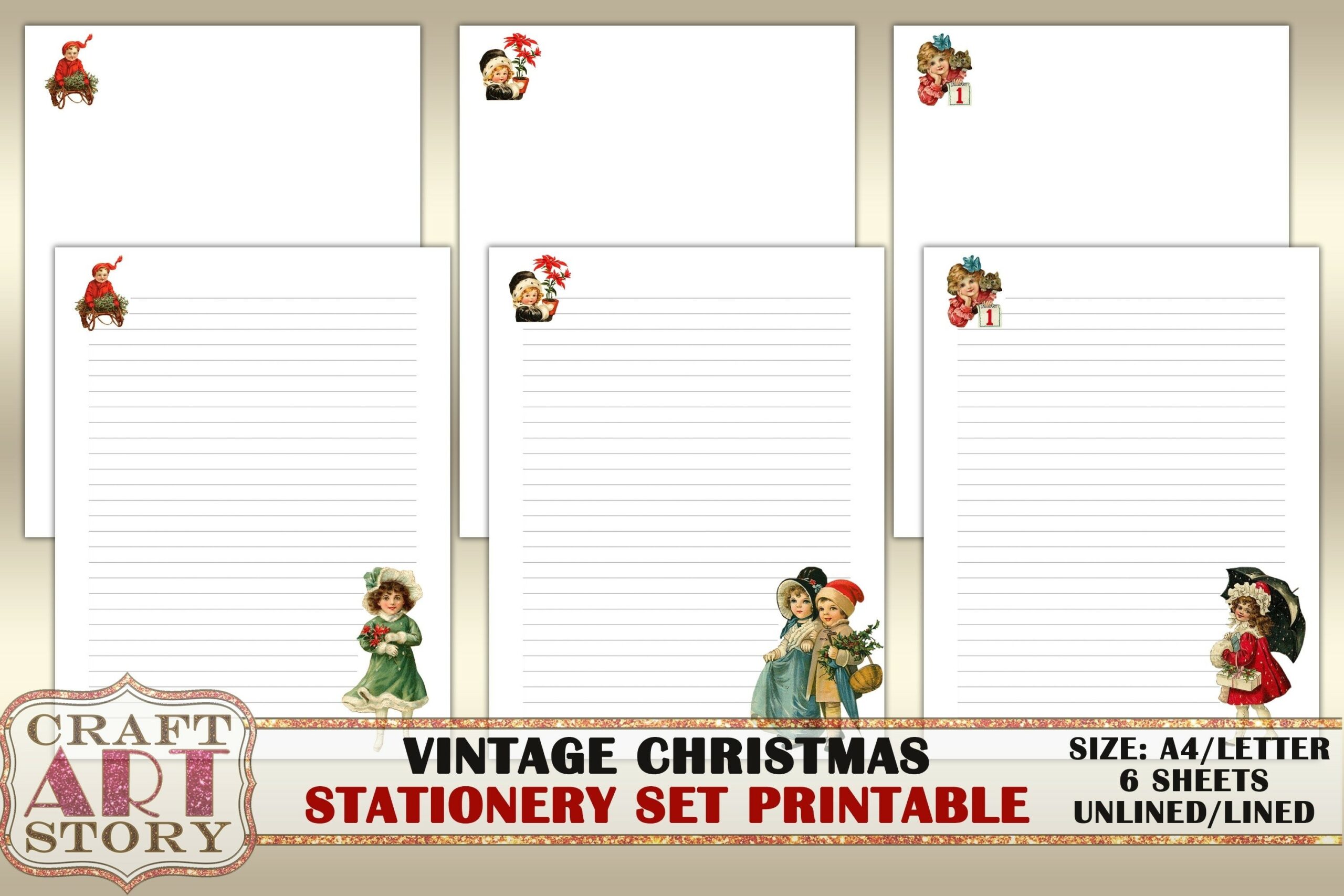 Vintage Christmas Stationary Set printable Letter