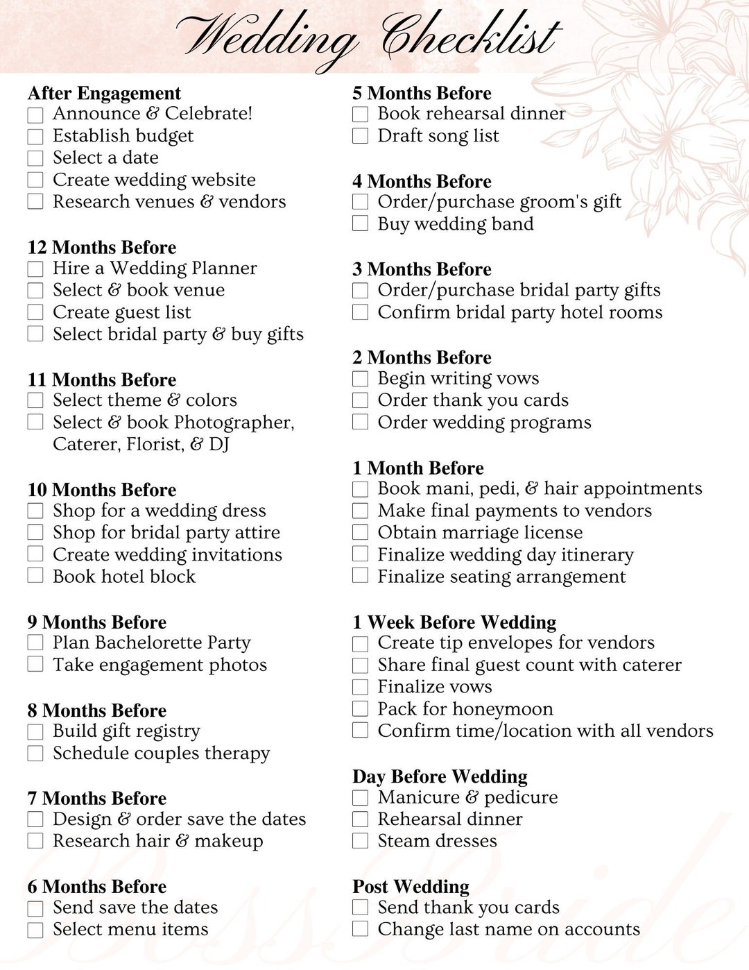 Wedding Checklist Editable Printable Instant Download Wedding Planner Wedding Template Etsy