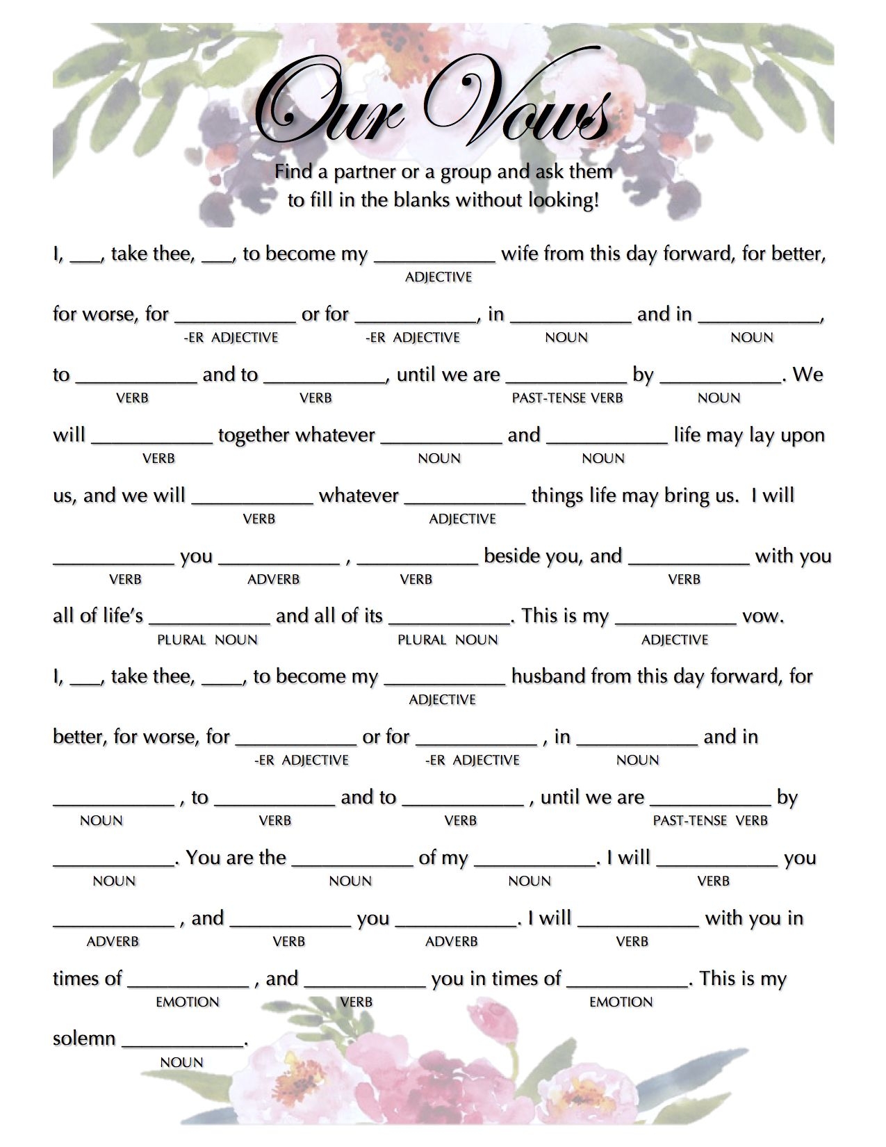 Free Printable Bridal Shower Mad Libs