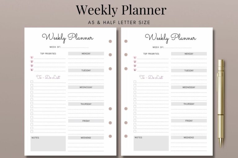 Weekly Planner Printable A5 And Half Letter Size