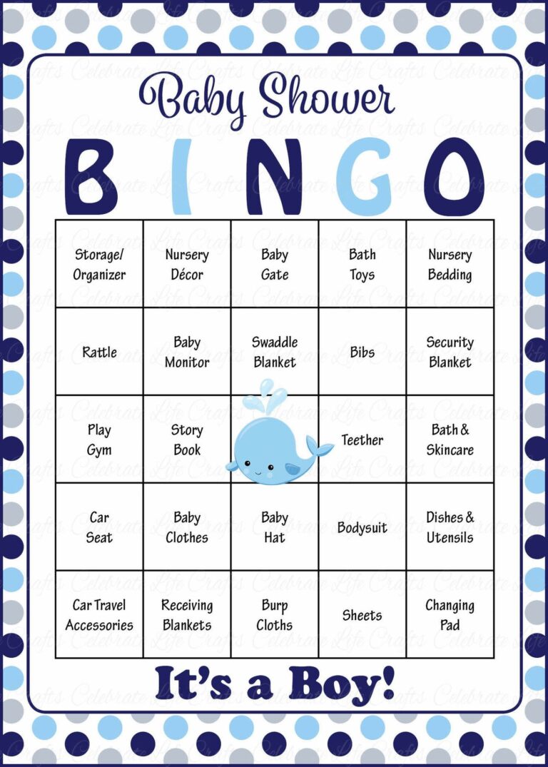Whale Baby Bingo Cards Printable Download Prefilled Baby Shower Game For Boy Navy Gray Polka Dots B15007