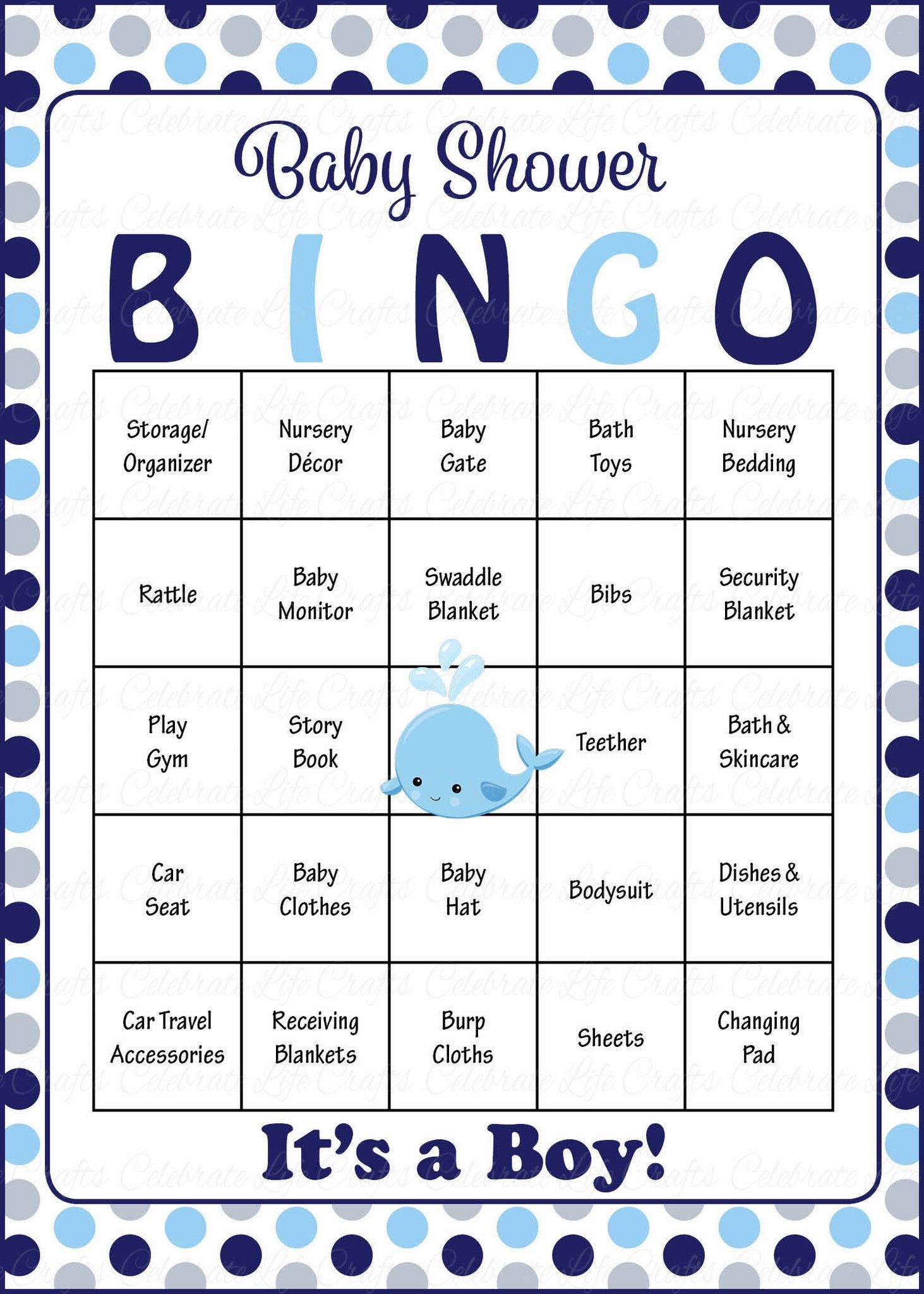 Whale Baby Bingo Cards Printable Download Prefilled Baby Shower Game For Boy Navy Gray Polka Dots B15007
