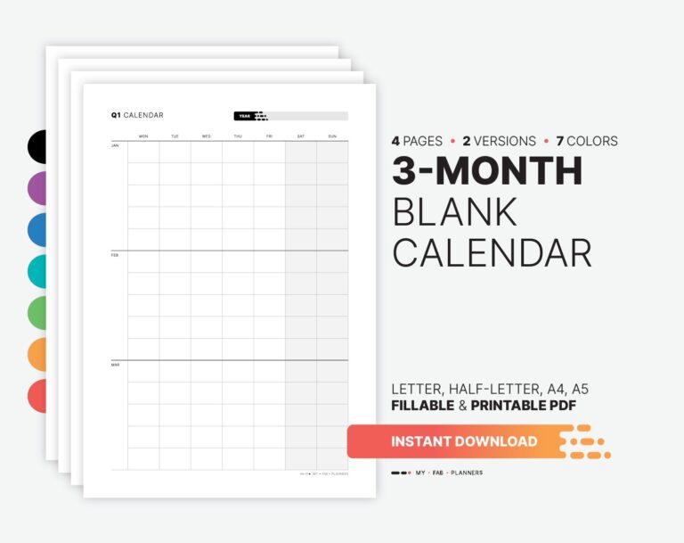 Yearly 3 month Calendar Quarterly Fillable Planner Template 
