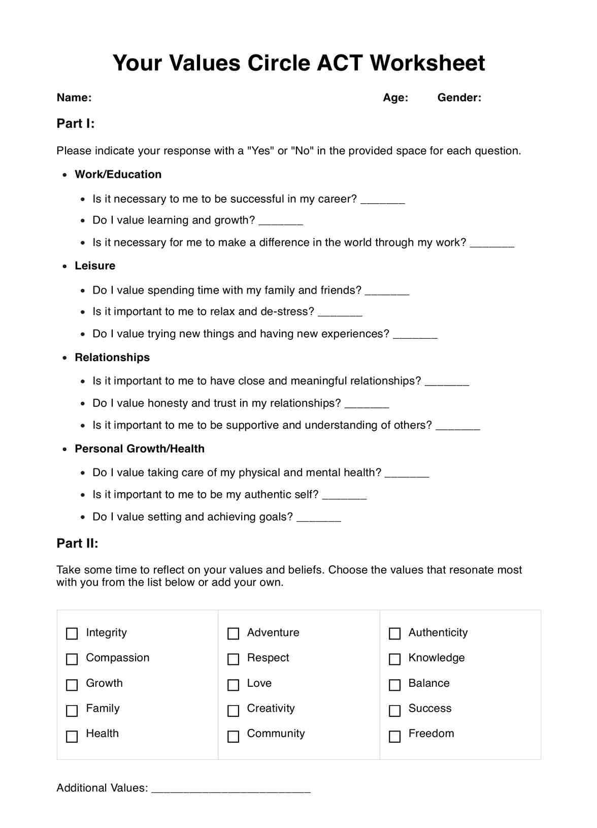 Your Values Circle ACT Worksheet U0026 Example Free PDF Download