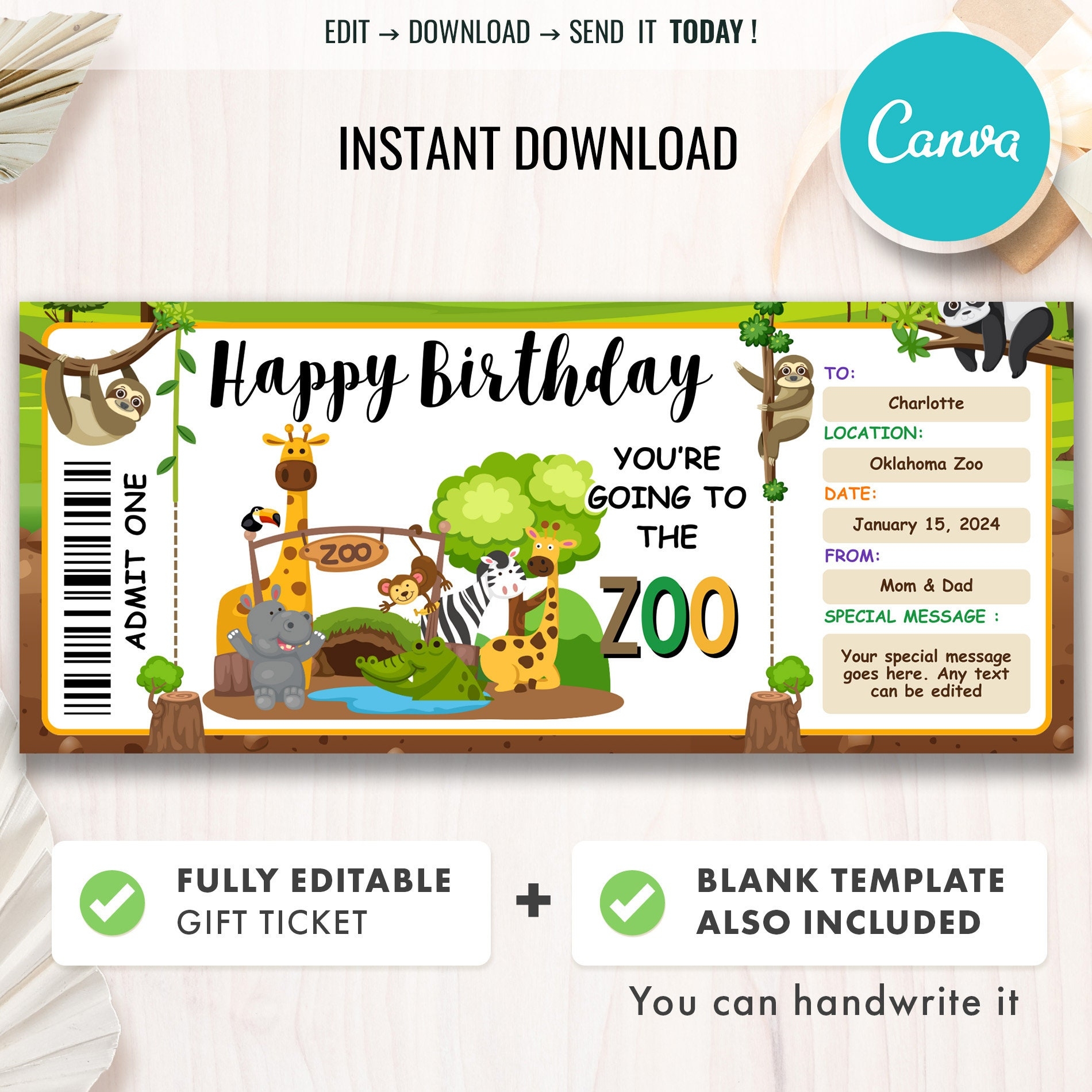 Zoo Ticket Template Surprise Zoo Ticket Birthday Gift Coupon 